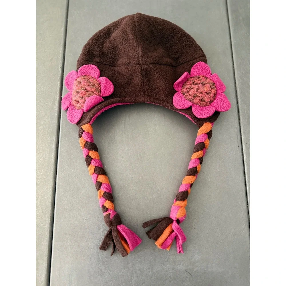 Tuff Cookie Girls Fleece Trapper Hat Brown Pink Orange Floral Braids Size L